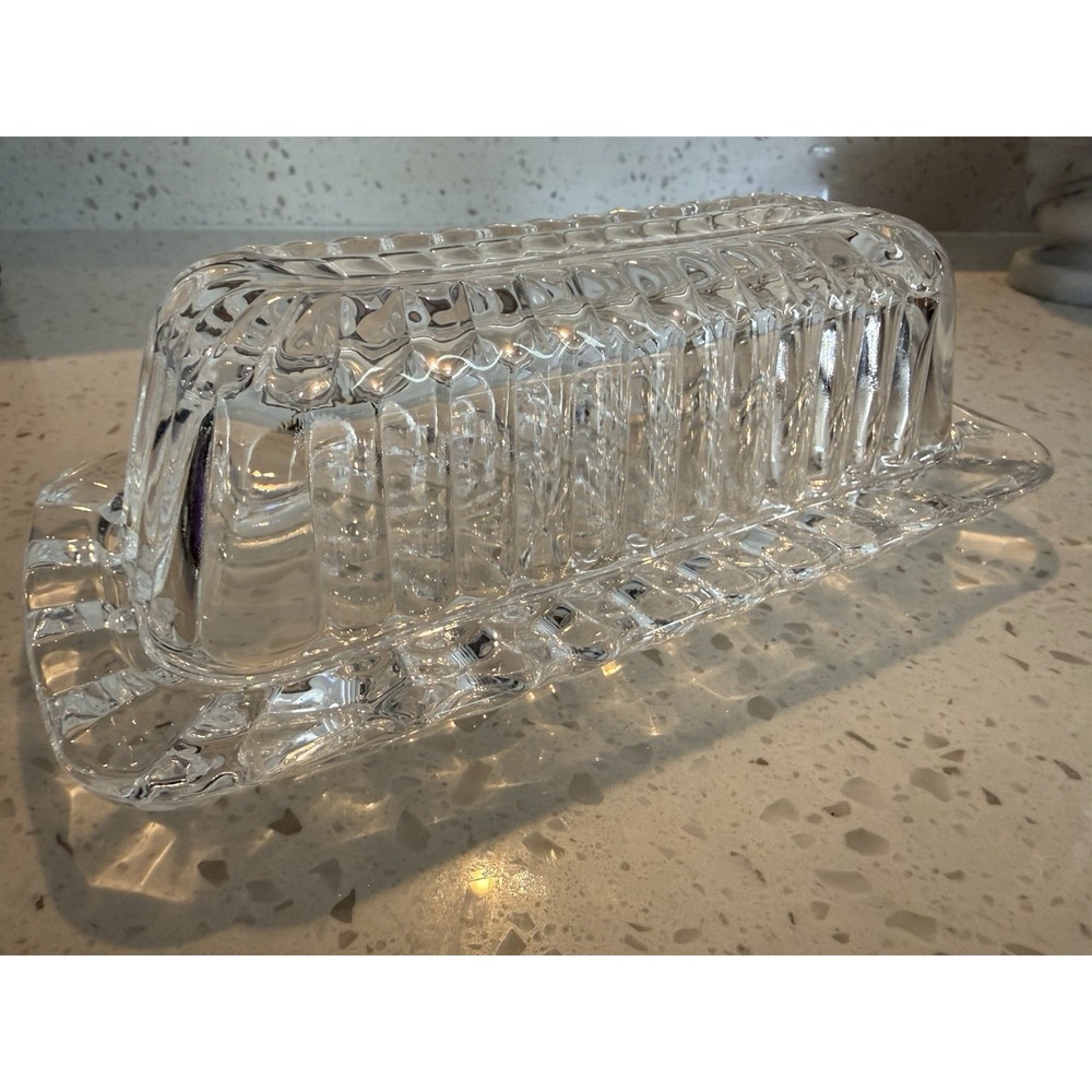 Vintage Butter Dish Covered‎ Ribbed Glass Crystal Clear